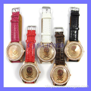New Arrive Woman Fashion Leather Band Skull Quartz Wrist Watch Diamond Metal Gift (WA-715)